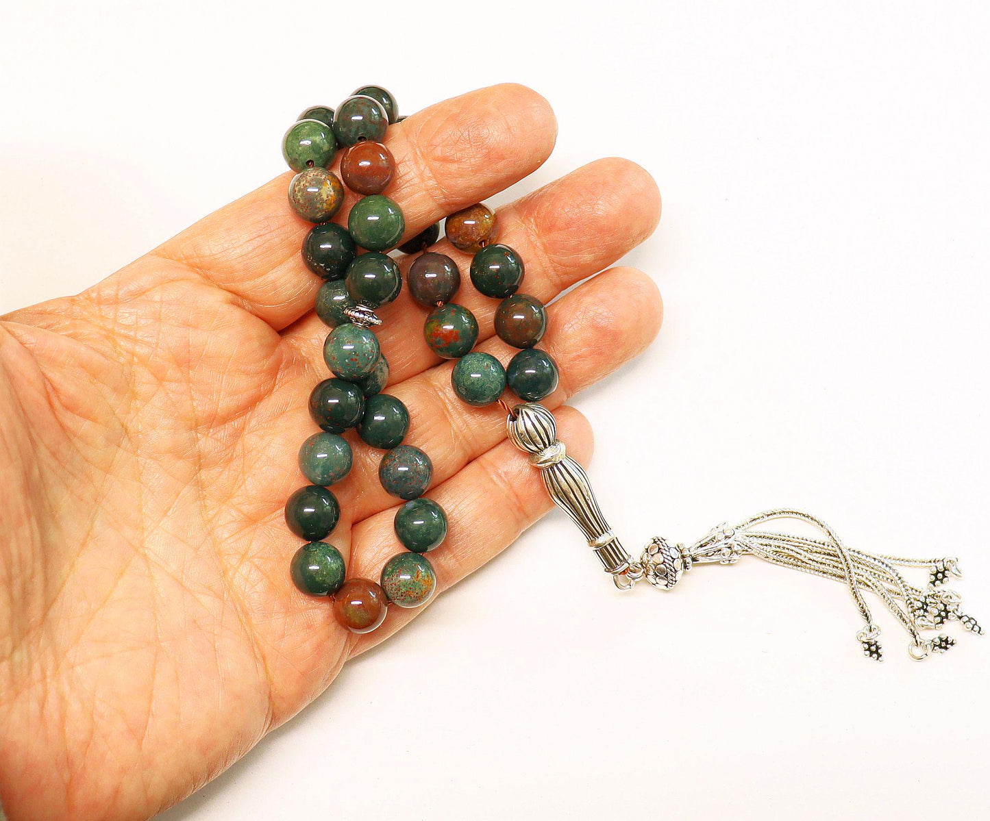 Luxury Tesbih Prayer Beads AA Grade Round Bloodstone & Sterling Silver - Top Quality - Collector's