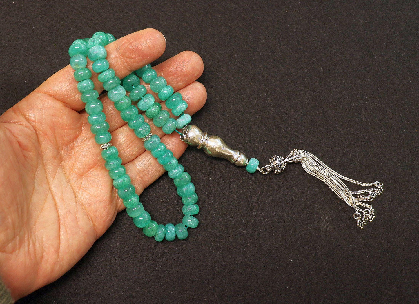 Tesbih Worry Beads 66 Rondelle Genuine Emerald Beads & Sterling Silver - Collector's