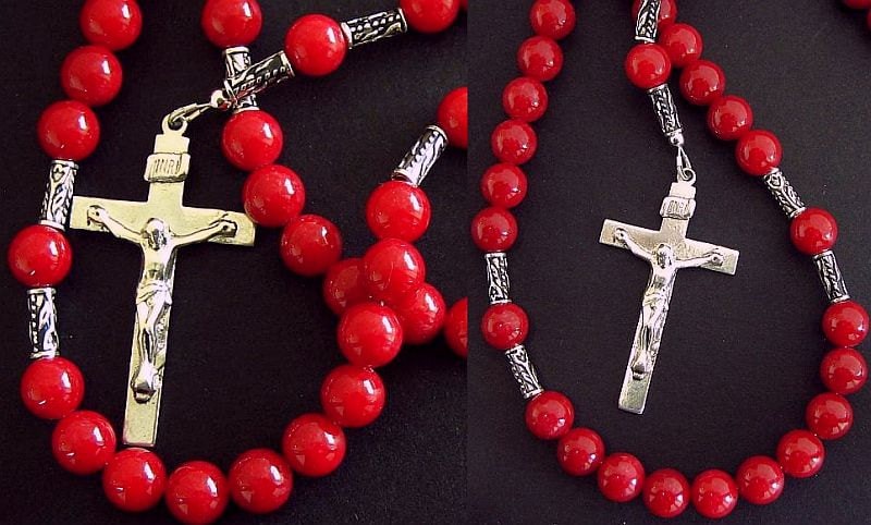 Catholic Rosary Prayer Beads Red Jade & Sterling