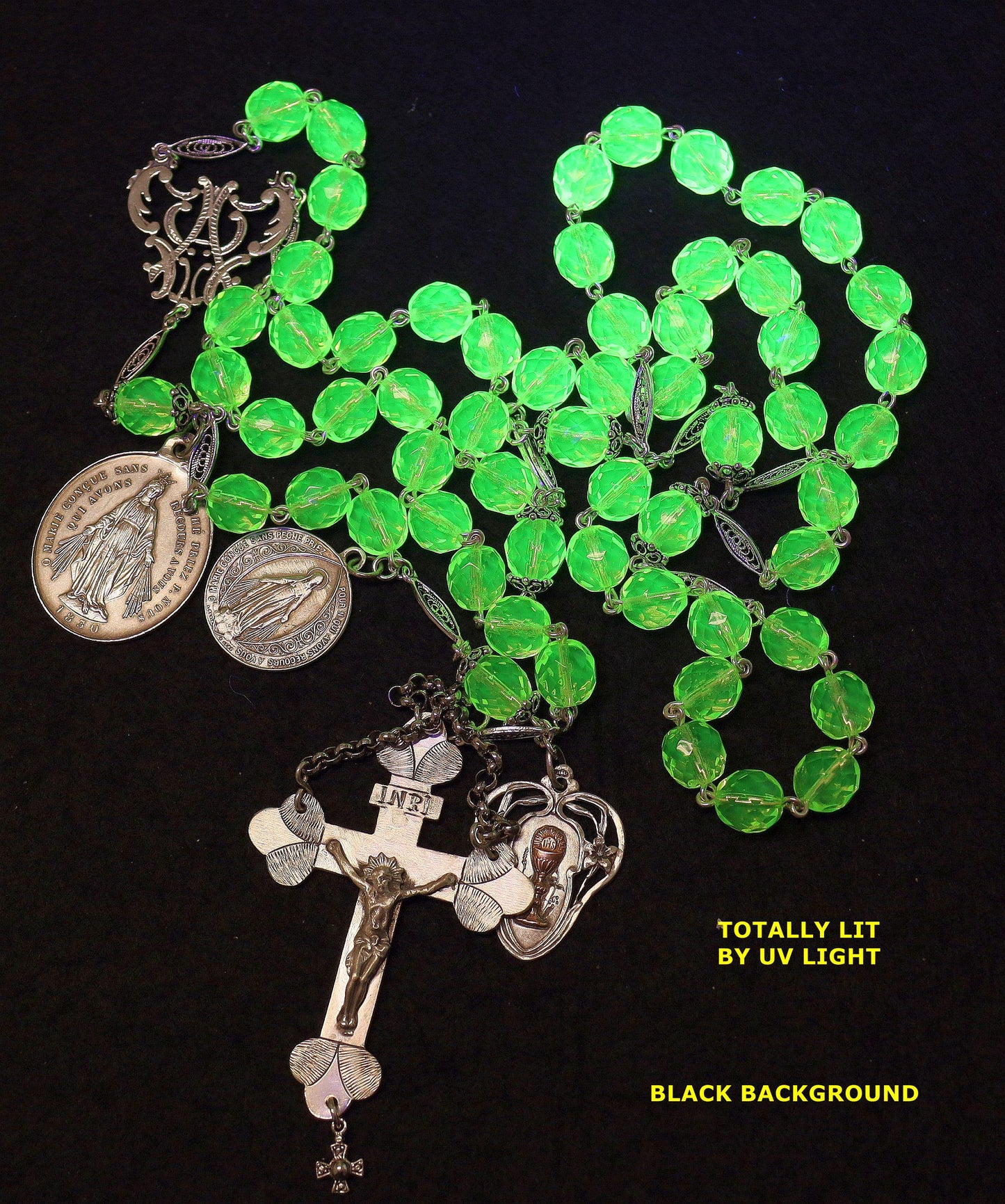 19TH Cent Catholic, Large, Uranium Glass & Sterling Silver , Rare Collectible, Unique and Antique