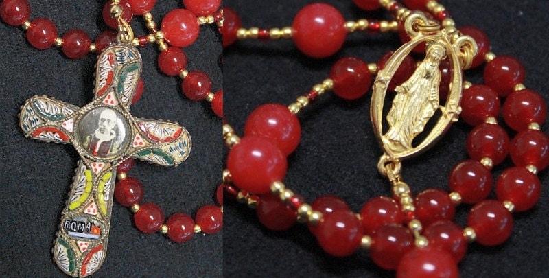 Catholic Rosary Genuine Round Ruby And Pius XII Micromosaic Jubilee Cross -- XXXRare