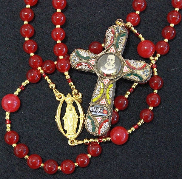 Catholic Rosary Genuine Round Ruby And Pius XII Micromosaic Jubilee Cross -- XXXRare