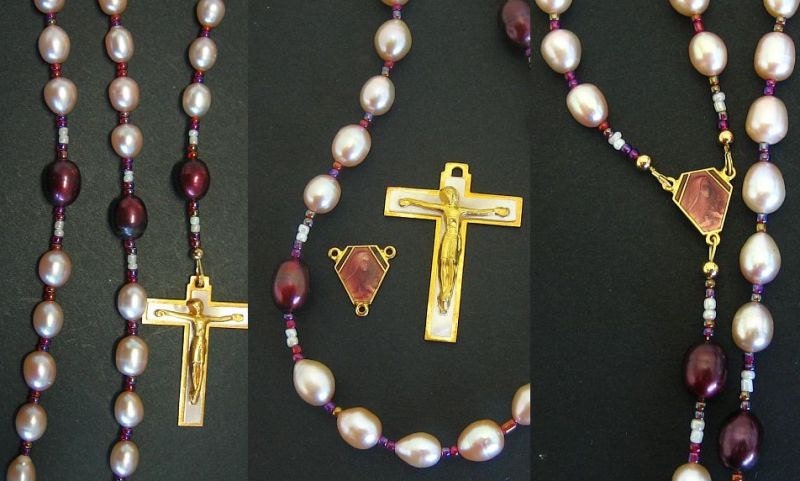 Catholic Rosary Prayer Beads Gebetskette Pink and Mauve Pearls, Gold Plate and Enamel - Saint Therese - Vintage parts
