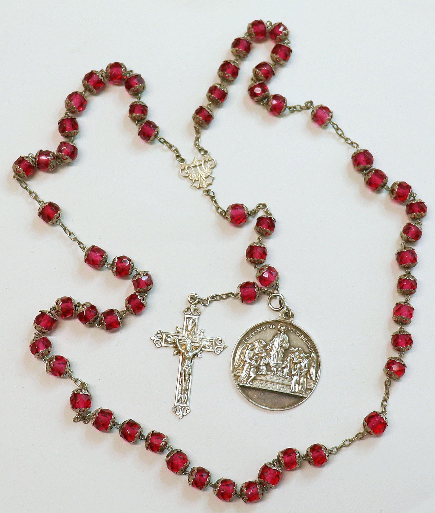 Dated 1888 Faceted Pink Crystal & Sterling Catholic Rosary - All Beads Silver Capped - French- Pristine -V.Rare