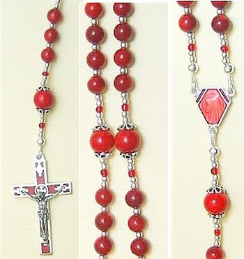 Catholic Rosary in Red Coral and Sterling Silver With Vintage Enameled Cross and Center