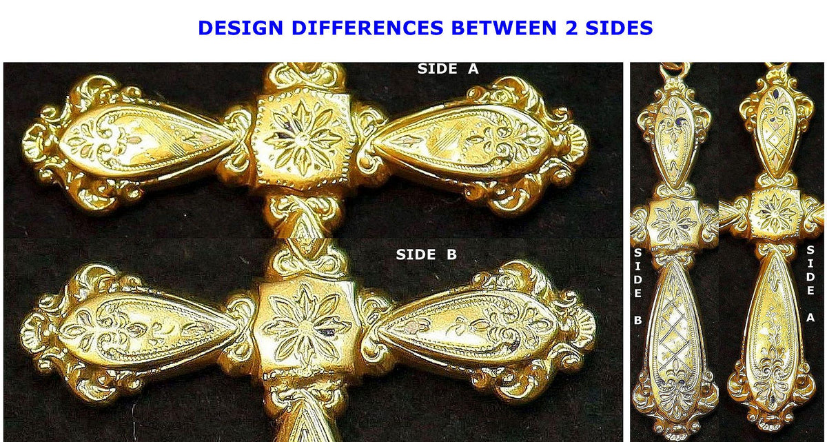 Solid 18K Gold Art Nouveau Antique Cross Pendant, Fineley Engraved - Late 19th Century - French