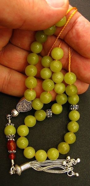 Greek Komboloi Olive Jade, Carnelian and Sterling Silver