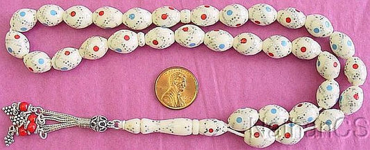 Vintage Prayer Beads Tesbih Gebetskette Silver Studded, Turquoise & Coral Inlaid Bone w sterling Tassel