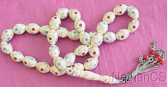 Vintage Prayer Beads Tesbih Gebetskette Silver Studded, Turquoise & Coral Inlaid Bone w sterling Tassel