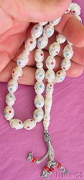 Vintage Prayer Beads Tesbih Gebetskette Silver Studded, Turquoise & Coral Inlaid Bone w sterling Tassel