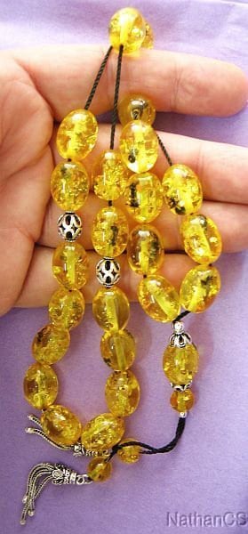 Greek Komboloi Oval Amber Colored Resin With Insects in each Bead and Sterling Silver