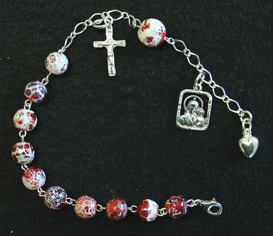 Catholic Rosary Bracelet Rosenkranz in Fire Crackled Agate an Sterling Silver