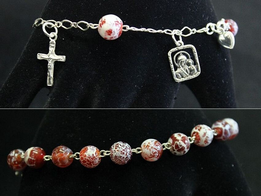 Catholic Rosary Bracelet Rosenkranz in Fire Crackled Agate an Sterling Silver