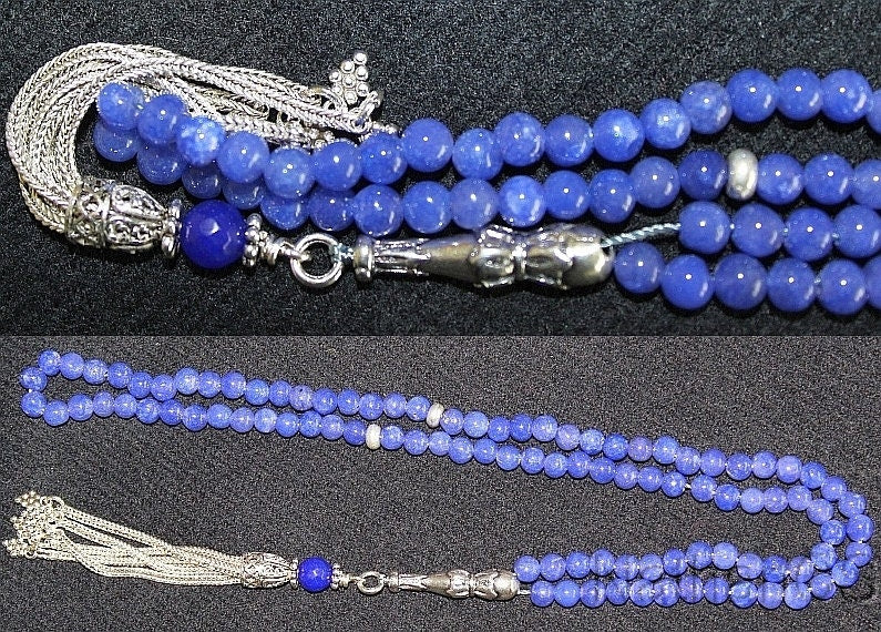 Islamic Prayer Beads Tesbih Gebetskette Genuine Sapphire and Sterling -99 Beads