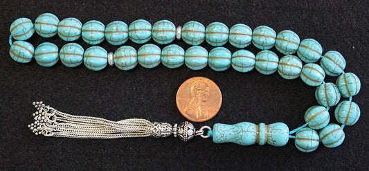 Tesbih Prayer Worry Beads Carved Dragon Turquoise and Sterling Silver