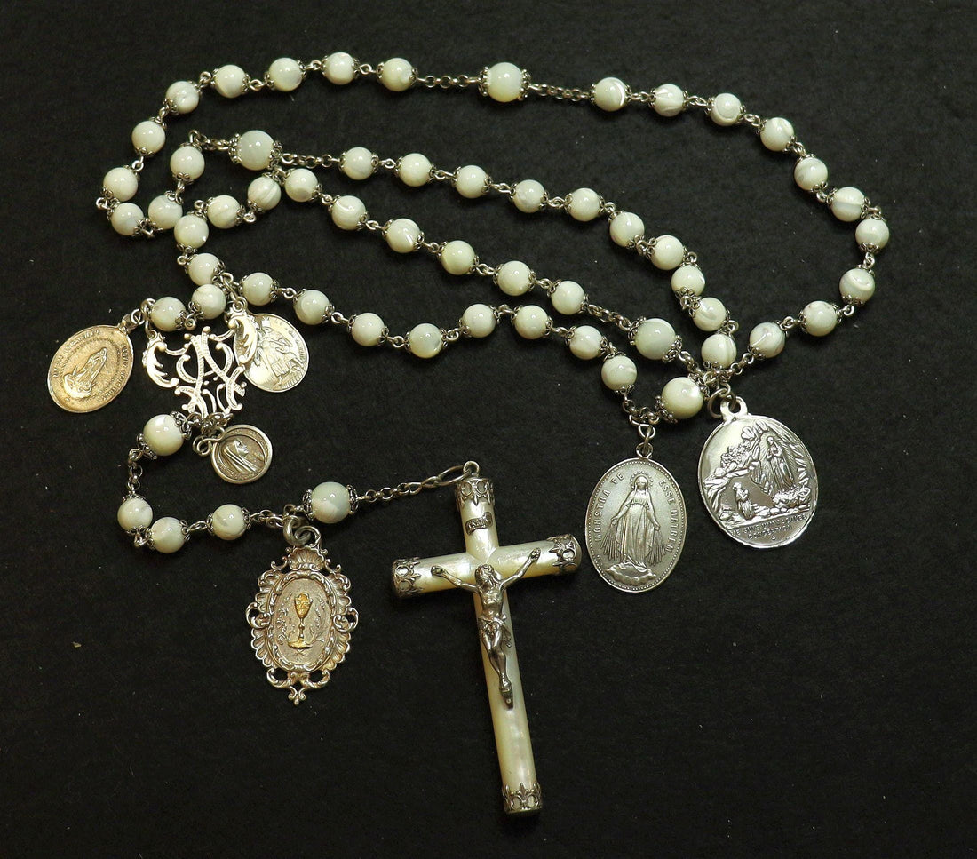 Antique Mother of Pearl & Sterling Silver Catholic Rosary with Rare 19th Century Medals