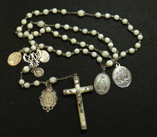 Antique Mother of Pearl & Sterling Silver Catholic Rosary with Rare 19th Century Medals