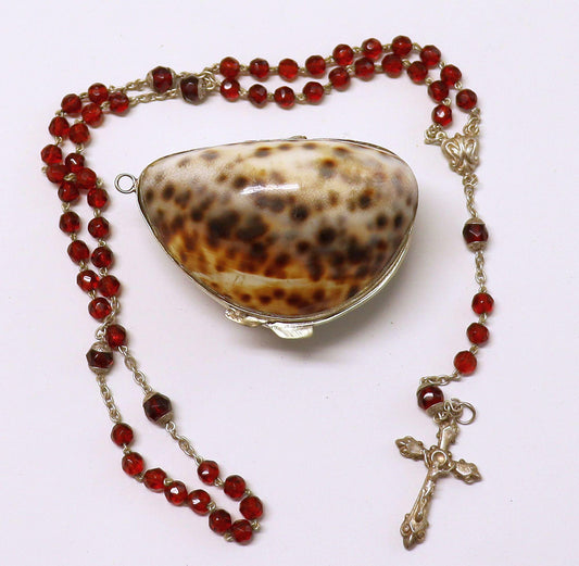 Rare 1920s French Garnet & Sterling Rosary with Tiger Cowry Shell Box