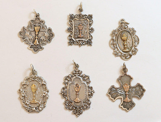 Gold and Silver Antique First Communion Medals Art Nouveau – Sterling Silver with Gold Chalice – Over 100 Years Old