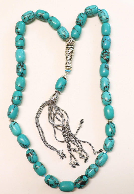 Luxury Rosary Tesbih Veined Barrel Turquoise & Sterling – Rare Collector’s Choice