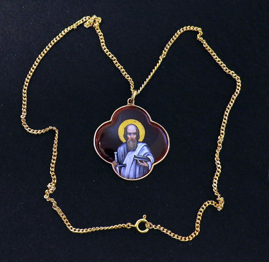 19th Century Saint Peter Limoges Enamel Medallion in 18K Gold Frame with Gift Chain