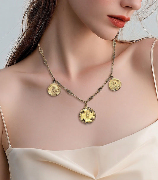 Antique Joan of Arc Necklace 1930s French FIX Gold Filled Art Deco Medals