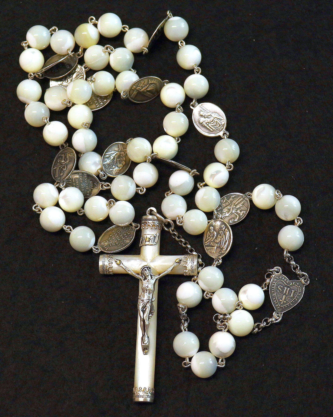 Vintage Mother of Pearl Stations of the Cross Rosary with Sterling Silver Medals & Art Nouveau Crucifix