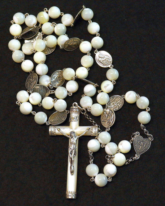 Vintage Mother of Pearl Stations of the Cross Rosary with Sterling Silver Medals & Art Nouveau Crucifix