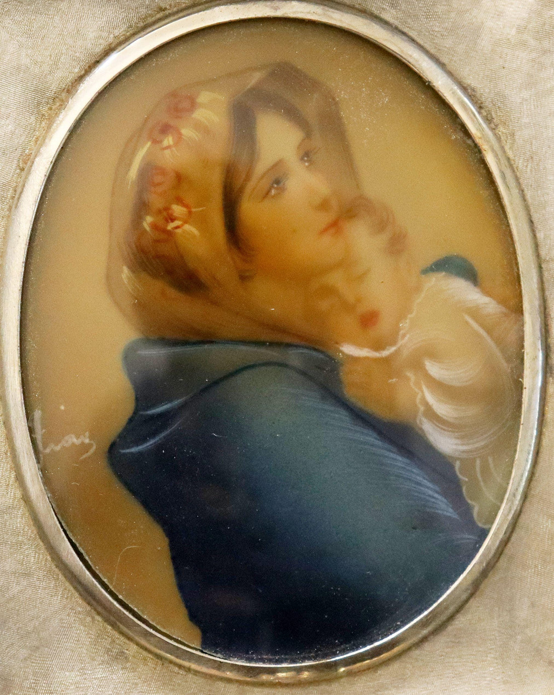 1930s Fine Miniature Hand Painting of the Virgin Mary in Sterling Silver Frame – Italy