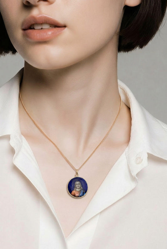 Antique French 19th Century Limoges Enamel Jesus Christ Pendant in Solid 18K Gold