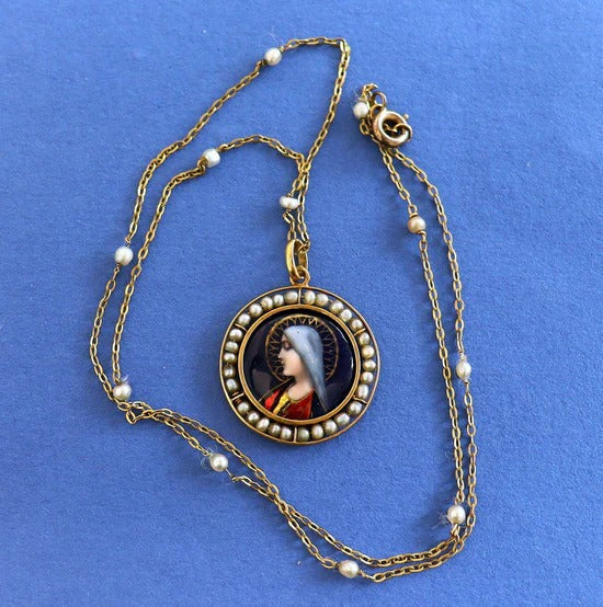 1910s Limoges Enamel Virgin Medallion: 18K Gold & Pearl Pendant by G. Legendre