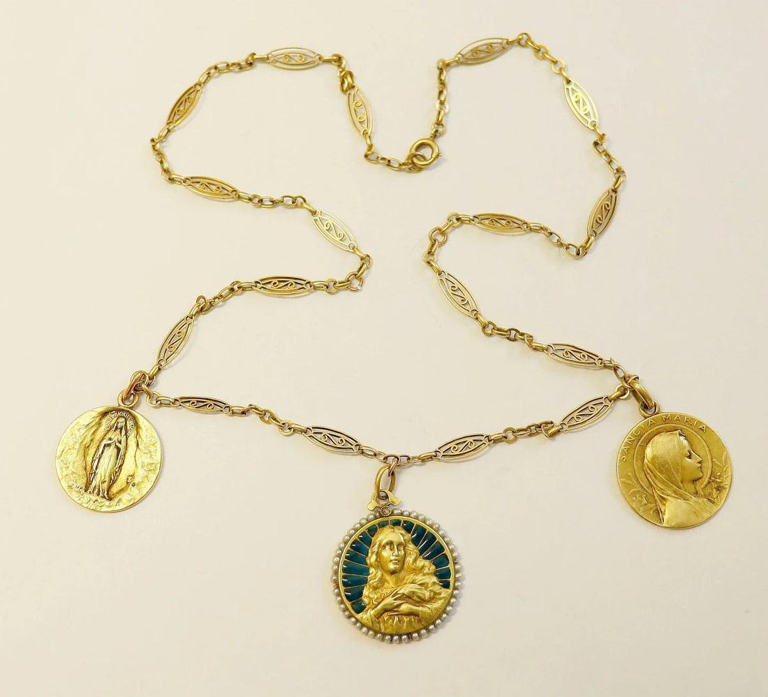 Plique-à-Jour 18K Gold Necklace with Antique French Medals (1909–1918)