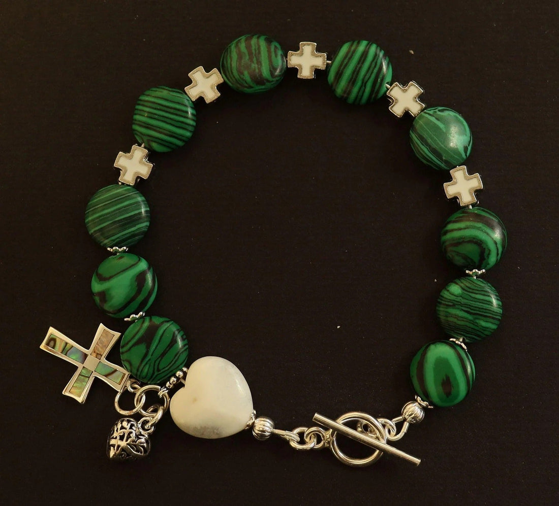 Catholic Rosary One Decade Bracelet | Malachite, White Jade & Sterling Silver