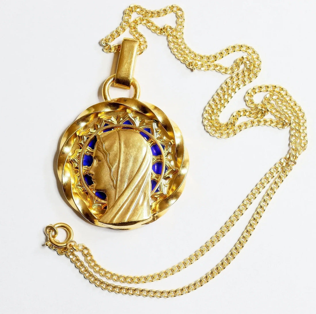 Virgin Mary Plique-à-Jour Vintage Gold Plated Pendant by Augis: A Rare French Masterpiece