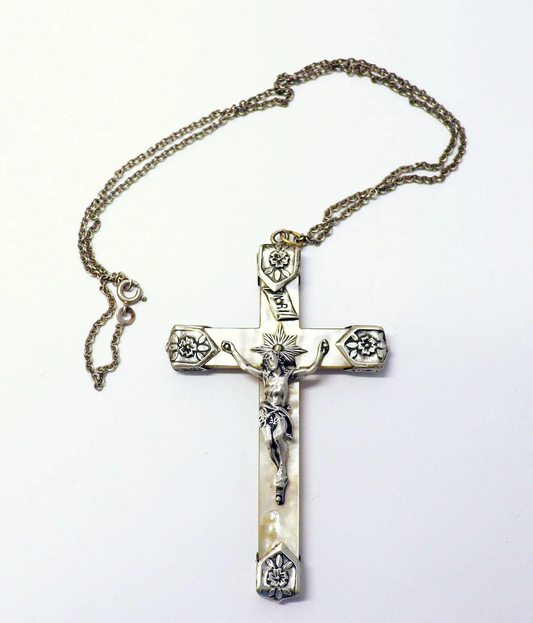 Mother of Pearl & Sterling Pectoral Cross with Chain | Art Nouveau Antique