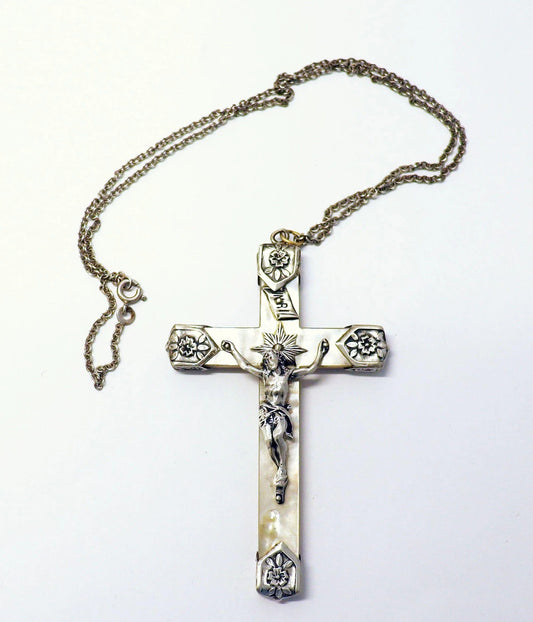 Mother of Pearl & Sterling Pectoral Cross with Chain | Art Nouveau Antique