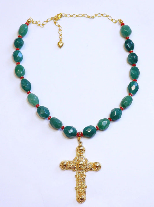 Emerald, Ruby & Vermeil Necklace with Removable Angel Cross – Handcrafted Luxury