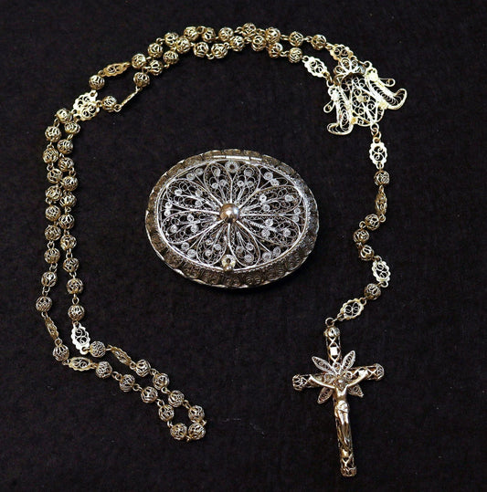 Vintage Filigree Sterling Silver Spanish Rosary Set with Oval Box – Large & Rare