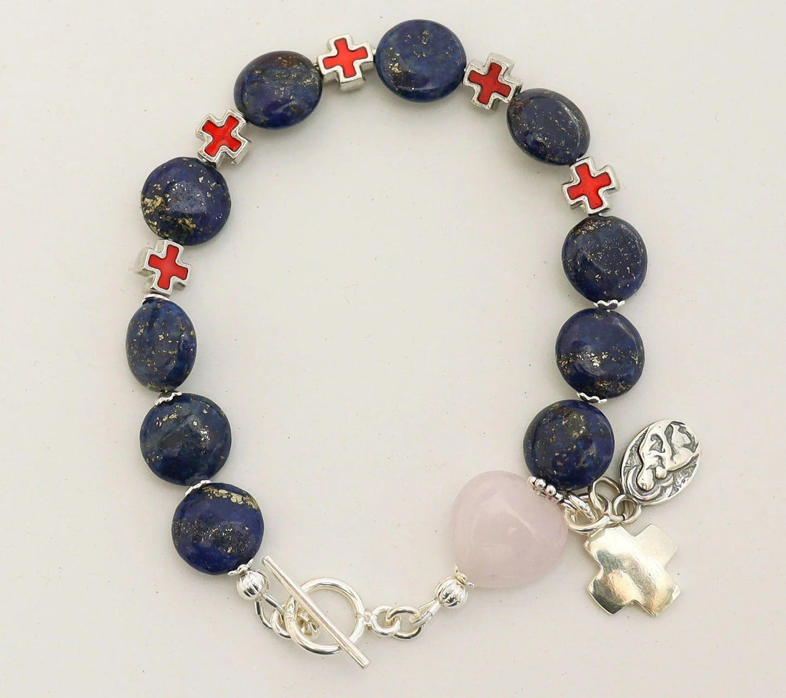 Catholic Rosary Bracelet: Lapis Lazuli, Rose Quartz, Sterling Silver & Enamel