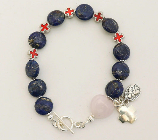 Catholic Rosary Bracelet: Lapis Lazuli, Rose Quartz, Sterling Silver & Enamel