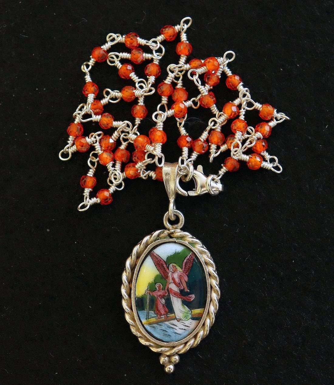 Vintage Guardian Angel Enameled Medal with Carnelian Rosary Chain (Sterling Silver)