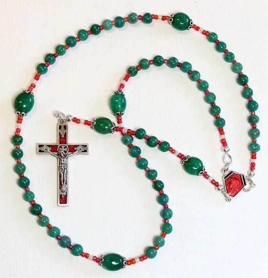 Catholic Aventurine Rosary with Lourdes Vintage Cross – Handcrafted Devotional