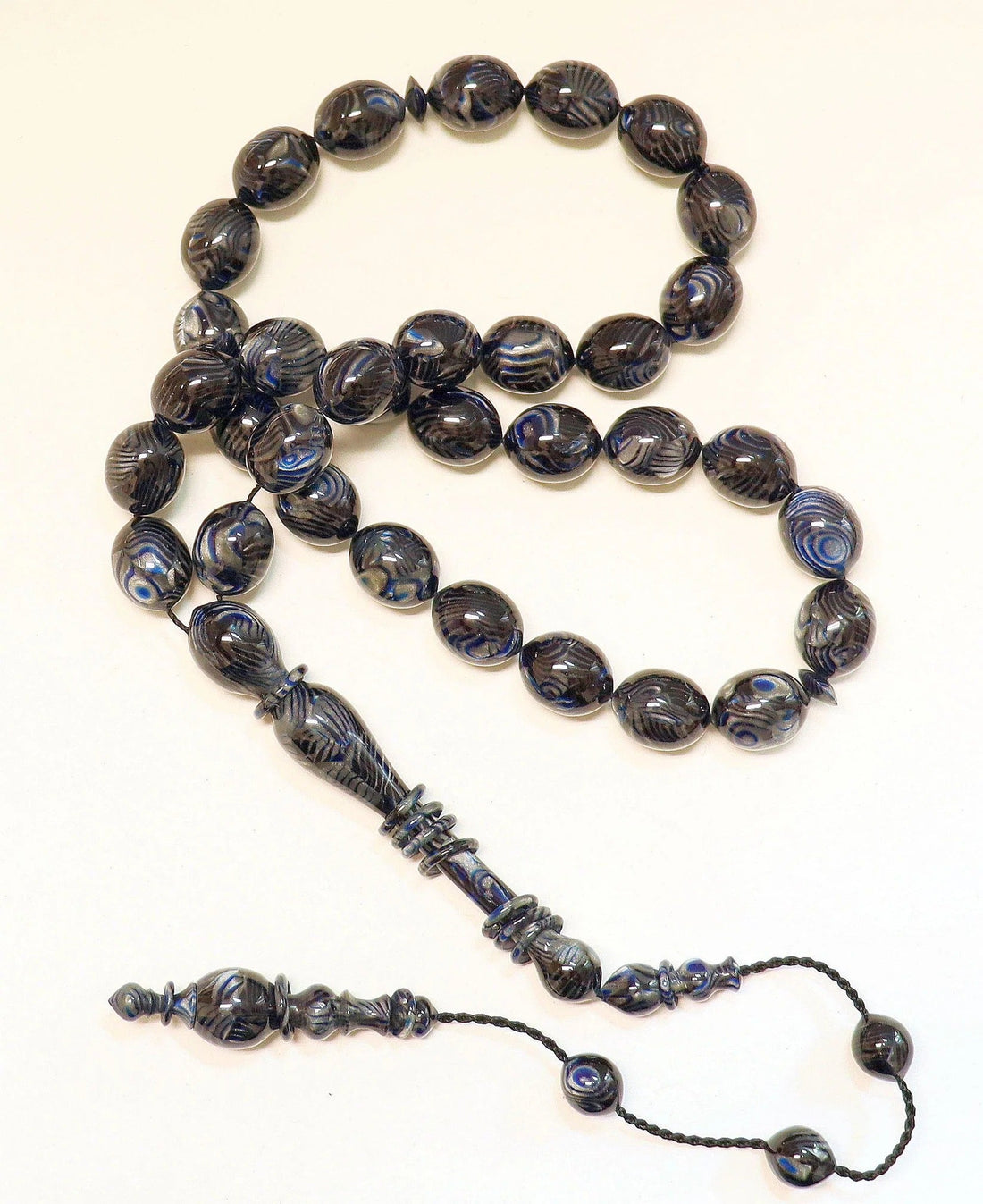 Black Blue Marbled Galalith Tesbih – Vintage Islamic Prayer Beads with 12 Captive Rings