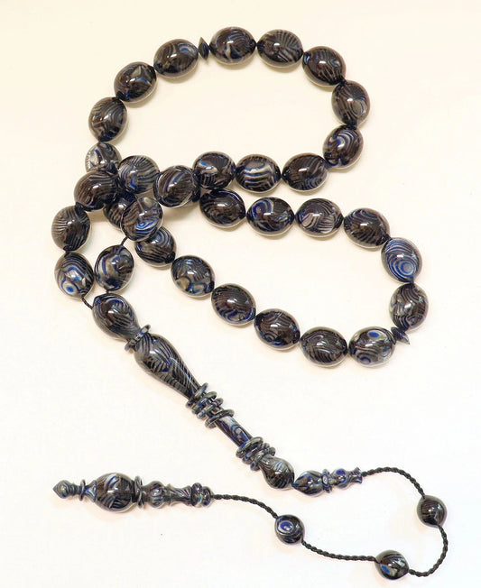 Black Blue Marbled Galalith Tesbih – Vintage Islamic Prayer Beads with 12 Captive Rings