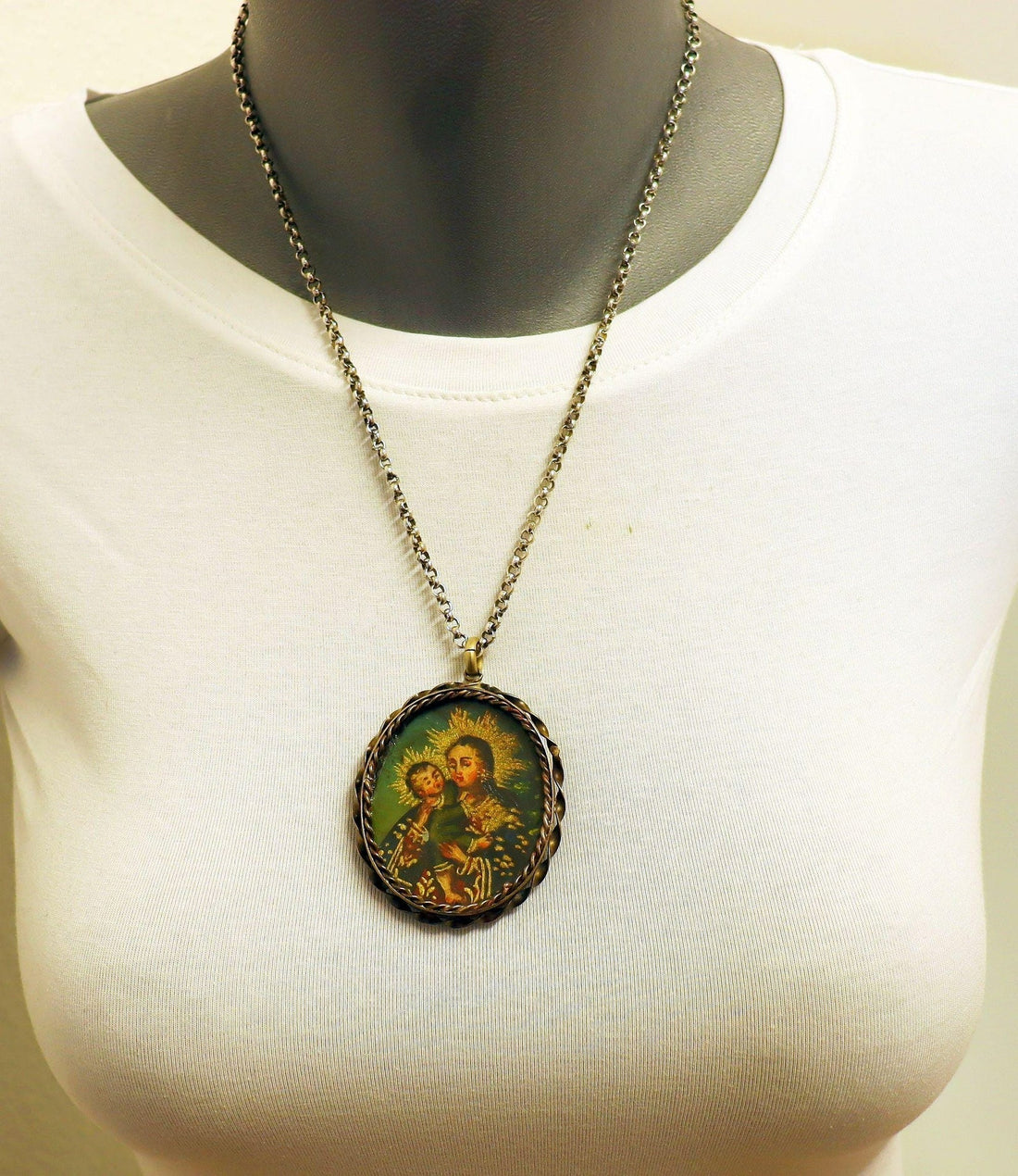 19th Century Cuzco School Double-Sided Oil Medal – Our Lady & Archangel Gabriel Pendant
