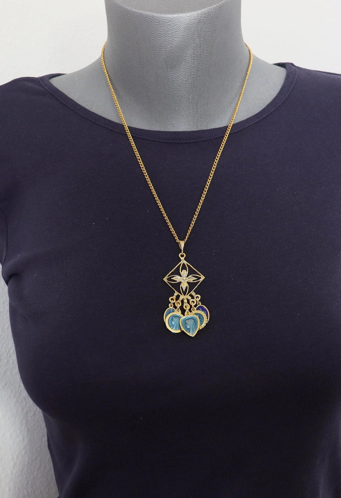 Unique Vermeil Chandelier Pendant with Vintage Blue Enamel Mary Medals & FIX Chain