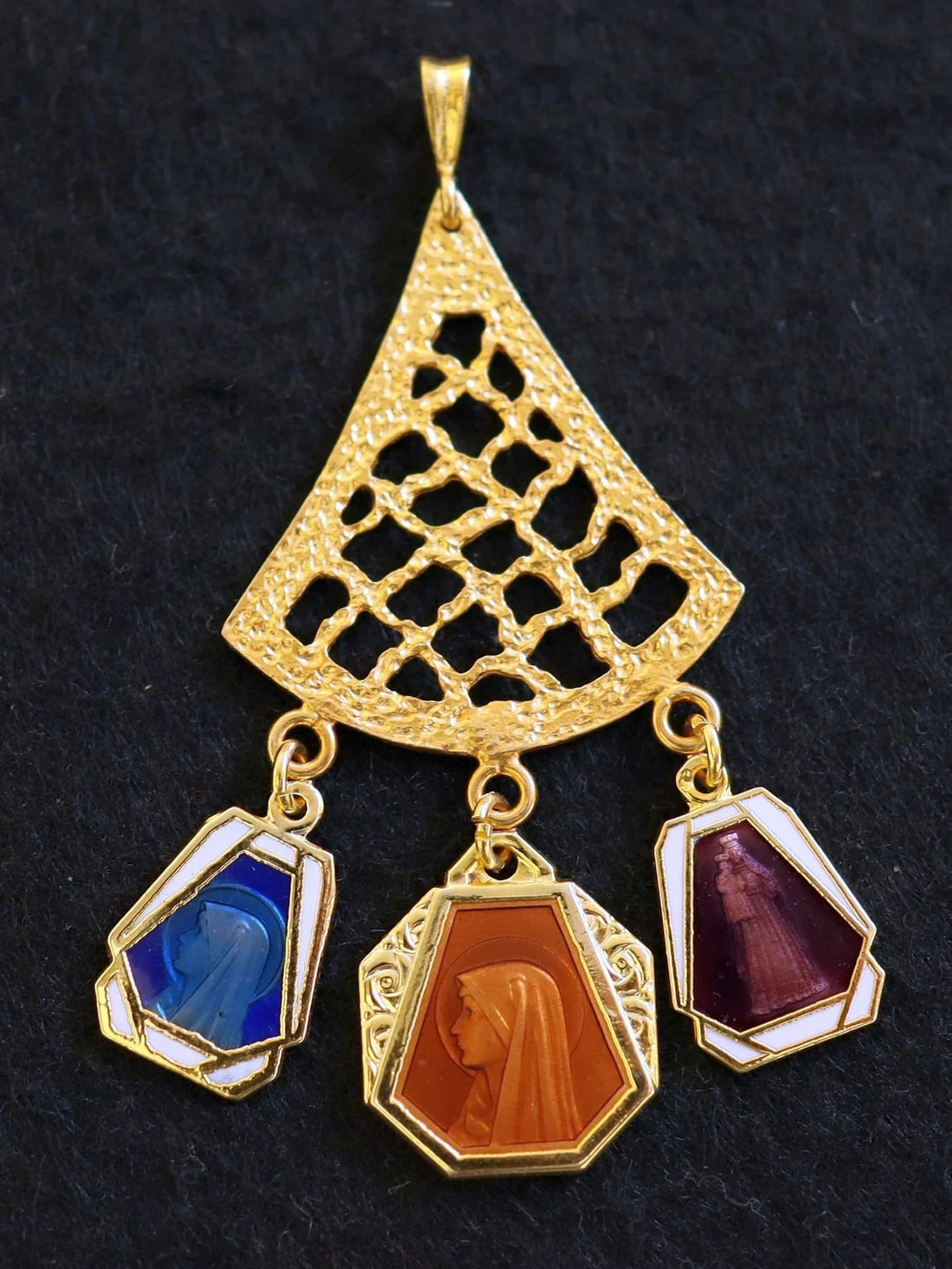 Vermeil Chandelier Pendant with 3 Vintage Religious Enameled Medals – Rare Collector Piece