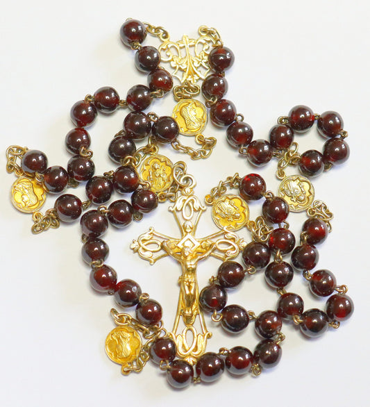 Late 19th Cent. Garnet & Vermeil Rosary in Valuable Shell Box High Rarity