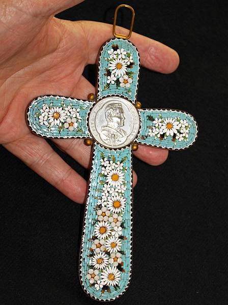 Antique Papal micro mosaic cross - crucifix PIUS X, Exceptional and Rare