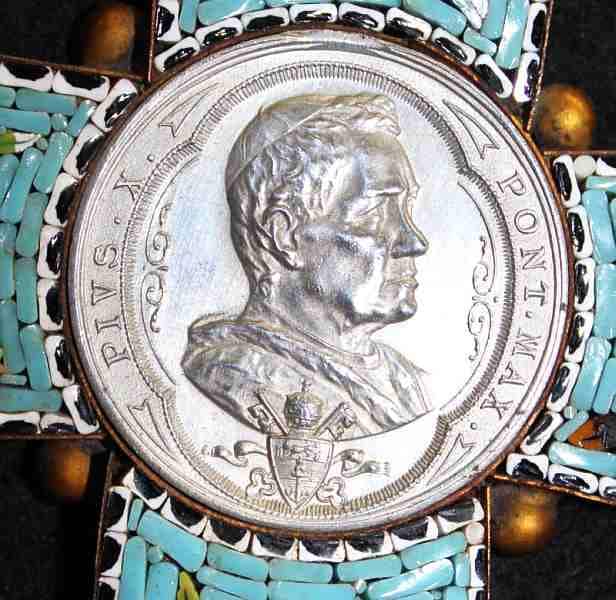 Antique Papal micro mosaic cross - crucifix PIUS X, Exceptional and Rare